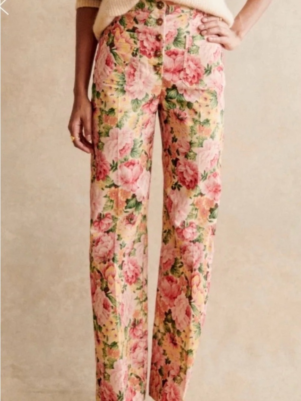 Sezane Pink Floral Straight-Leg Cotton Trousers
